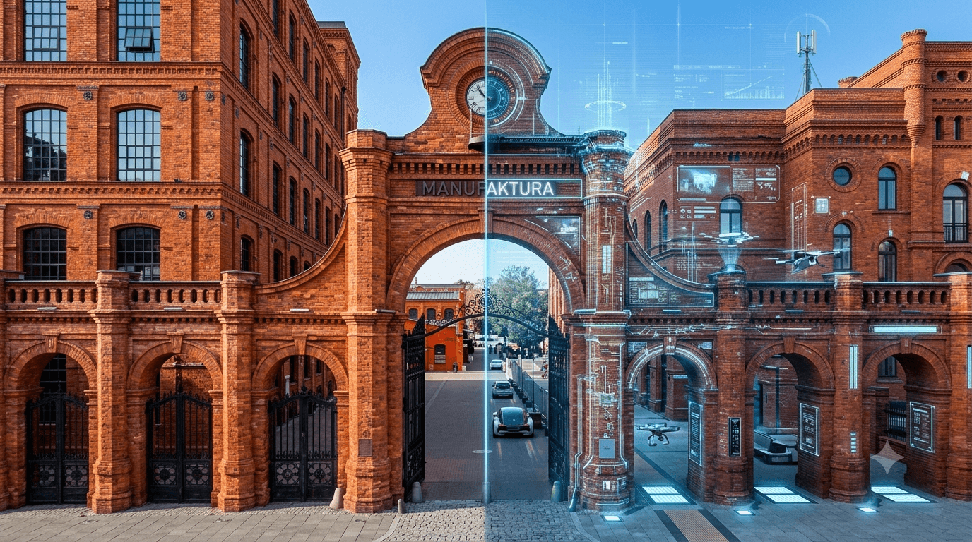 Brama Manufaktury w Łodzi — po lewej historyczna ceglana architektura, po prawej ta sama brama w cyfrowej, futurystycznej wersji
